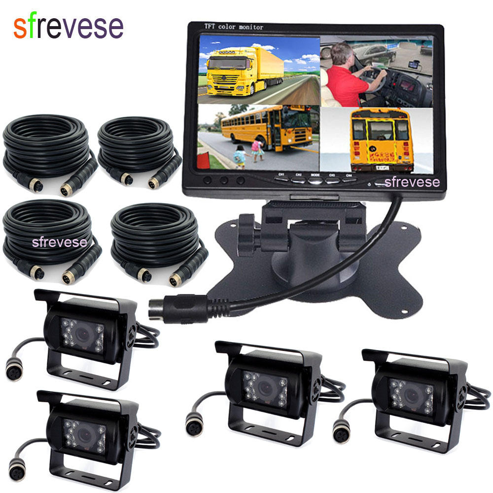 4x 4Pin 18 LED IR Caméra de recul de recul de voiture + 7 "LCD 1/2/3/4CH Split Monitor Kit de vue arrière de voiture pour bus camion camping-car