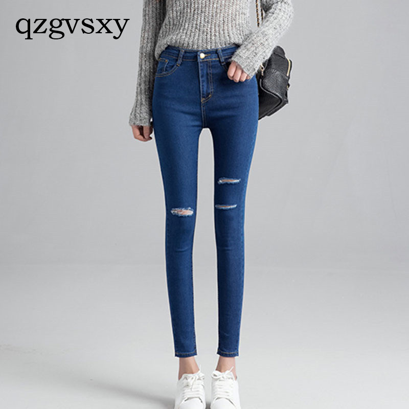 

2018 new fashion sexy high-elastic slim slim pencil small feet nine points jeans, Black