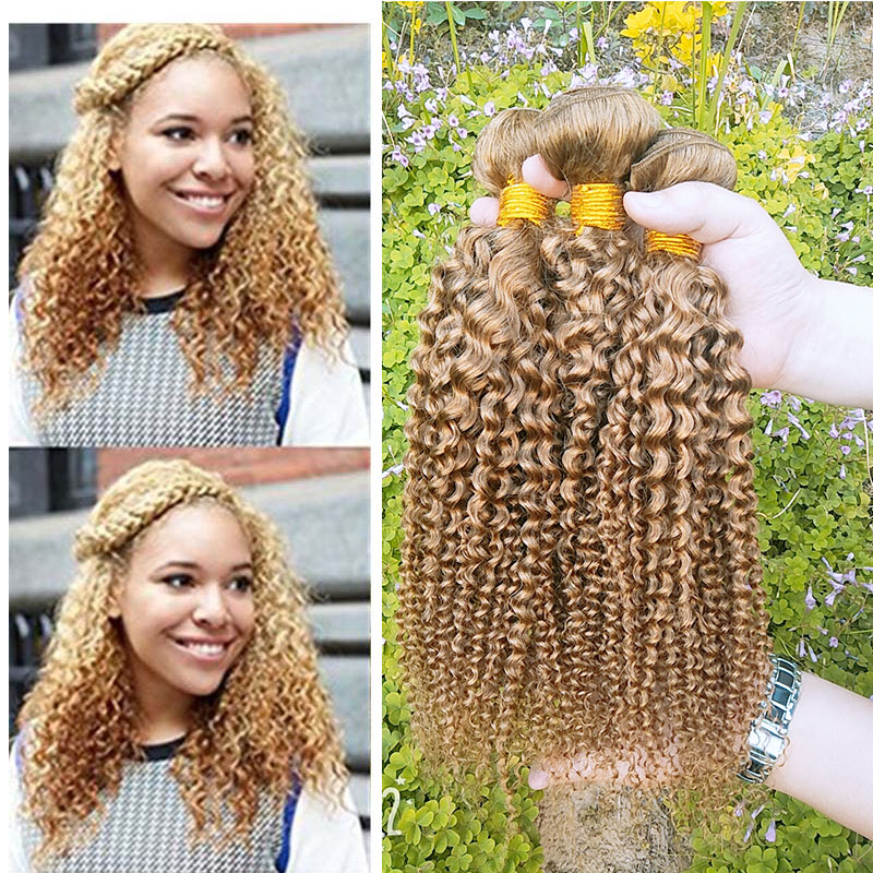 

Brazilian Kinky Curly Virgin Hair Weave Colored 27# Human Hair 3 Bundles Top Selling Brazilian Virgin Human Hair Weave Extensions, Blonde