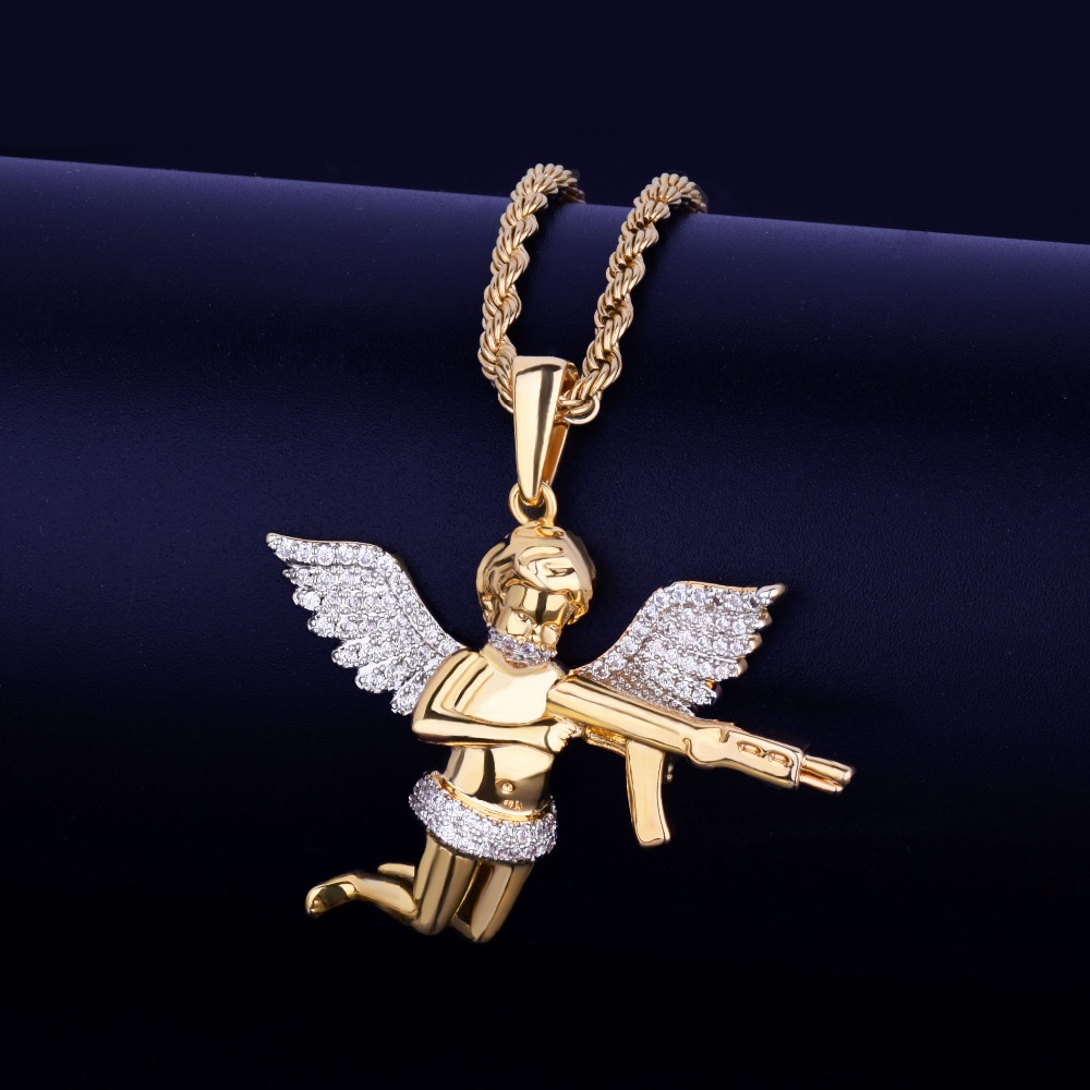

Angel Boy And Gun Necklace & Pendant Men's Hip hop Jewelry Bling Cubic Zircon Iced Out Three Color For Gift Freeshipping