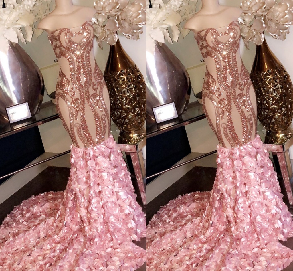 

Sexy Pink Mermaid Evening Dresses 2018 Strapless Sequins Satin 3D Flowers Sparkle Long Prom Dresses Sweep Train