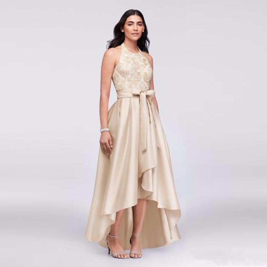 High Low Halter Neck Prom Dresses Backless Bow Sash Lace Top A Line Short Front Long Back Evening Formal Party Gown Plus Size
