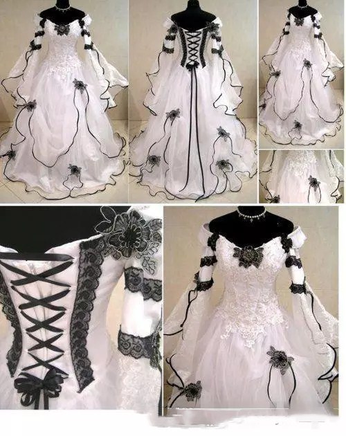 2019 Retro White And Black Gothic A Line Wedding Dresses Long Sleeves Black Lace Corset Back Sweep Train Bridal Gowns For Garden Country