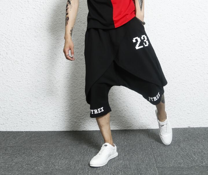

Men High Street Fashion Hip Hop Cross Shorts 2 Layers Splice Printing Jogger Sweatpants Male Casual Harem Shorts Short Trousers, Black