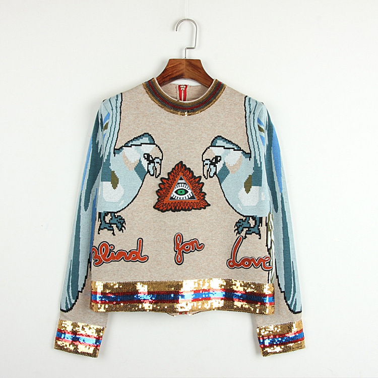 

917 2018 Autumn Pullover Regular Crew Neck Panelled Brand Same Style Sweater Sequins Fashion Sweater dl, As the picture