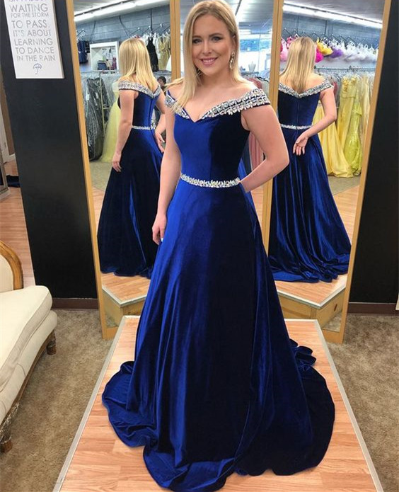 

Off Shoulder Prom Dresses Ball Gown Shining Sequins Beads Zipper Back Sweep Train Long Evening Dresses Prom Dress, Blue