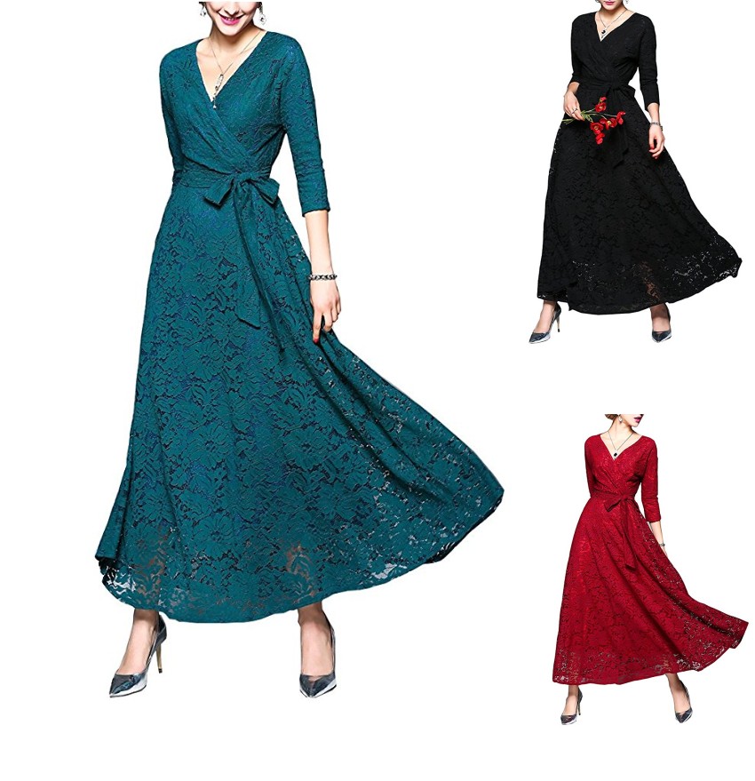 

Vintage 2018 Full Lace Evening Dresses Simple Sexy Tea Length Prom Dress Formal 3/4 Sleeves Party Gowns Deep V Neck Cheap, Dark navy