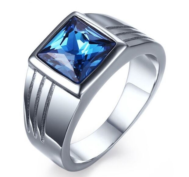 Wedding Ring Mens Stainless Steel Blue Square CZ Cubic Zirconia Ring for Wedding Band Engagement Anniversary US size 7-11