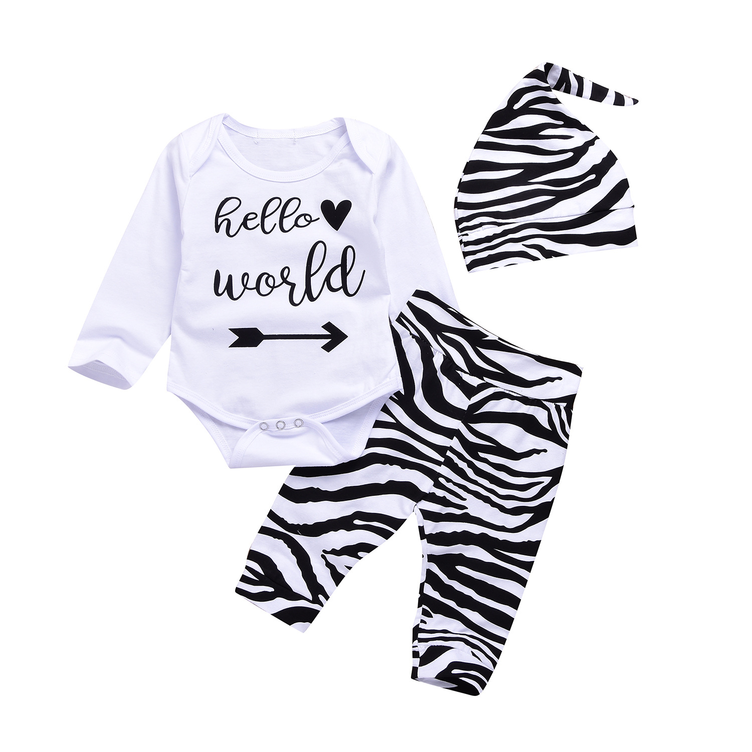 

2018 New baby Clothing sets 3pcs Outfit Long-sleeved Letter Rompers + Zebra Pant Set with baby caps hat, As pic