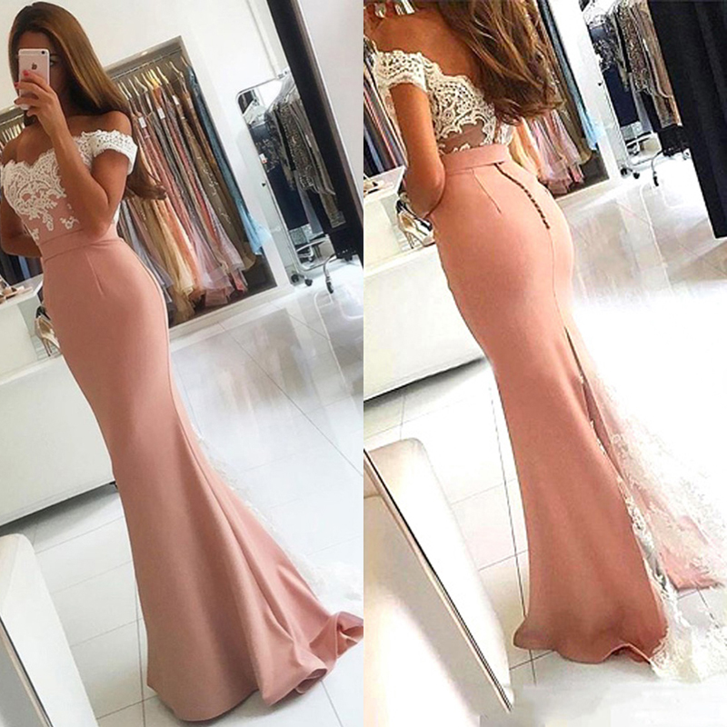 

Factory 100% Real Image Off Shoulder Dusty Pink Mermaid Prom Dresses Long Saudi Arabia Beading Appliues Cheap Long Evening Dress Women, Fuchsia