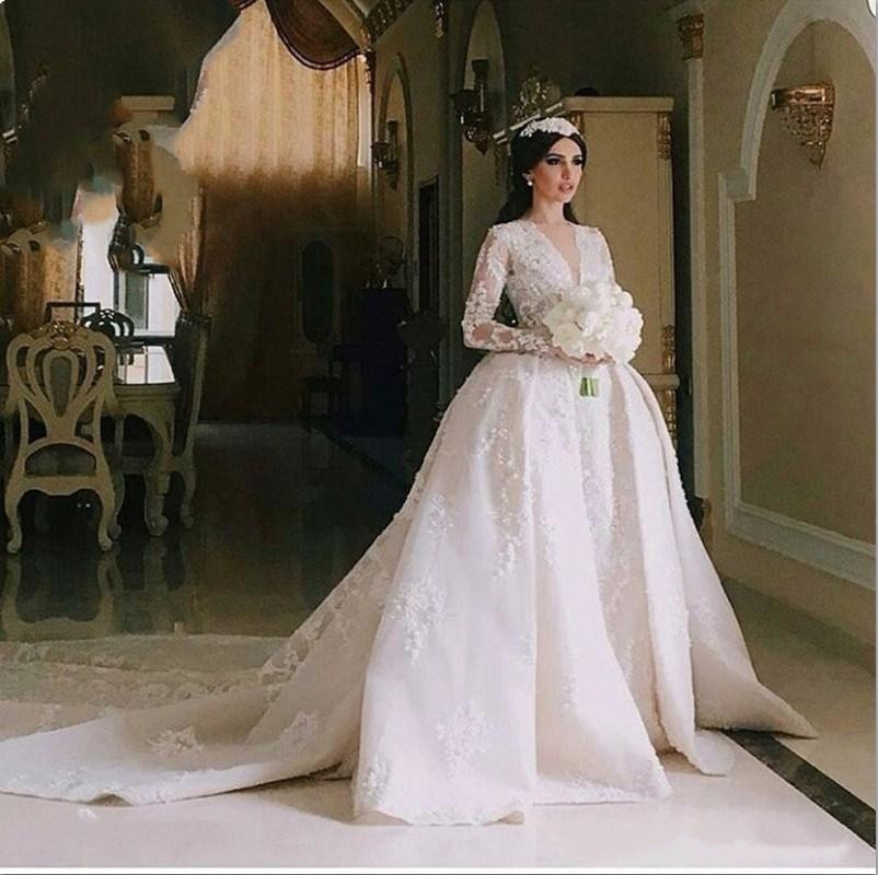 

Sexy V Neck Long Sleeves Wedding Dresses Ball Gown Appliqued Lace Vintage Bridal Dress Elegant White Wedding Gowns, Champagne