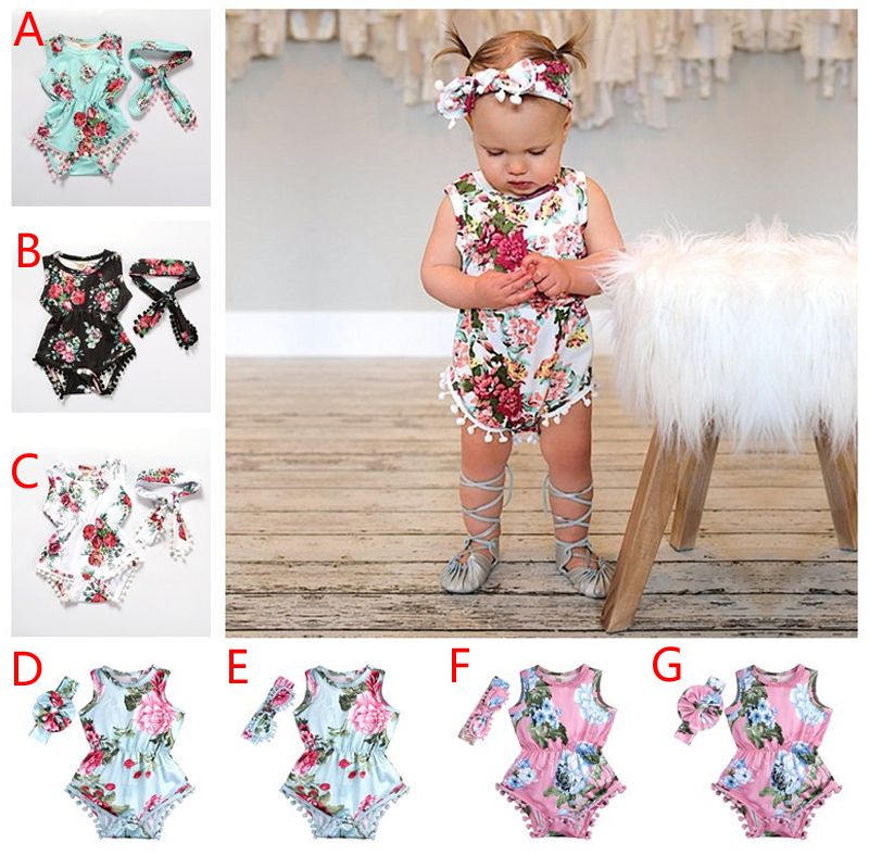 

7 Styles Summer Baby Girl Rompers Pretty Flower Tassel Romper+Headband 2pcs Baby Girls Clothing Floral Jumpsuits Kids Girl Jumpsuit Outfits