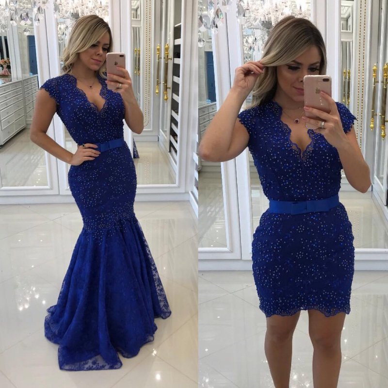 

Blue Lace Mermaid Evening Dresses With Detachable Train Beaded Deep V Neck Prom Gowns Vestidos De Fiesta Sweep Train Formal Dress, Light sky blue