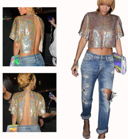 

Fashion Sexy Sequins Backless T-shirts for Women Summer Casual Crew Neck Tees Short Sleeved Tops Women Clothing, Multi