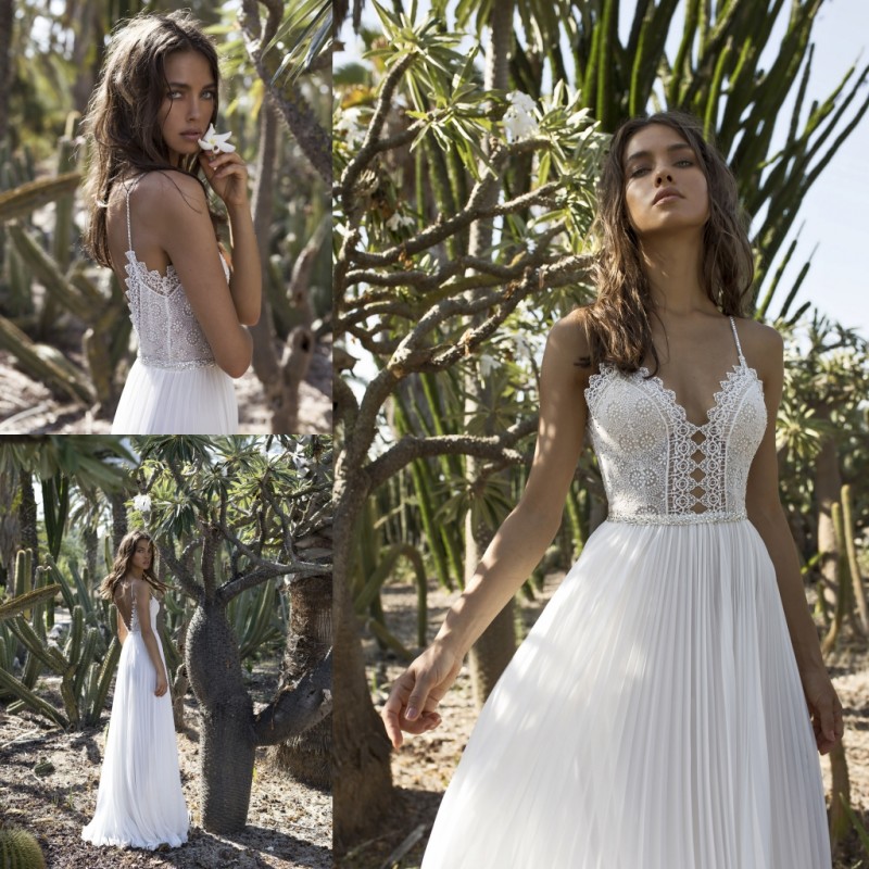 

2018 Asaf Dadush Beach Wedding Dresses A Line Spaghetti Neck Beads Backless Chiffon Bridal Gowns Boho Lace Tulle Wedding Dress, Same as image