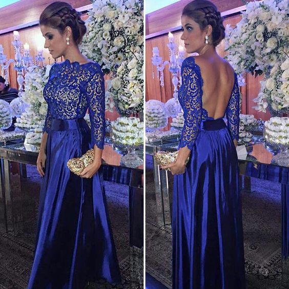 Long Sleeve Elegant Formal Evening Dresses Open Back Bateau Lace Sash Ribbon Satin Prom Dress Long Party Dress Red Carpet Dresses