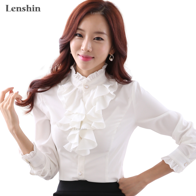 

Lenshin White Blouse Fashion Female Full Sleeve Casual Shirt EleRuffled Collar Office Lady Tops Women Wear, Rose red blouse