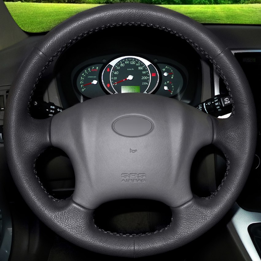 Black Leather Hand-stitched Car Steering Wheel Cover for Hyundai Tucson 2006-2014-image-430163148