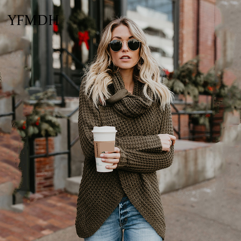 

2018 New Casual Female Thick Knitting Cardigan Scarf Neck Irregular Tops Buttons Streetwear Women Green Color Sweater Hot Sell
