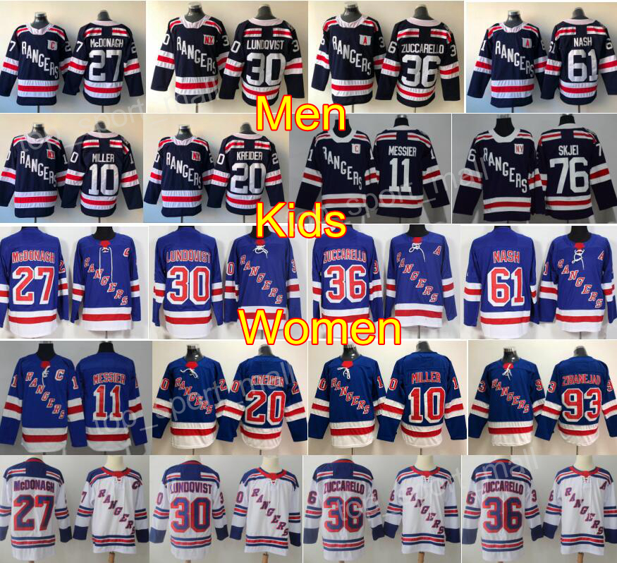 

2018 Winter Classic New York Rangers Hockey 10 Jeff Miller Jersey 11 Mark Messier 20 Chris Kreider 76 Brady Skjei Mika Zibanejad Blue White, Black;red