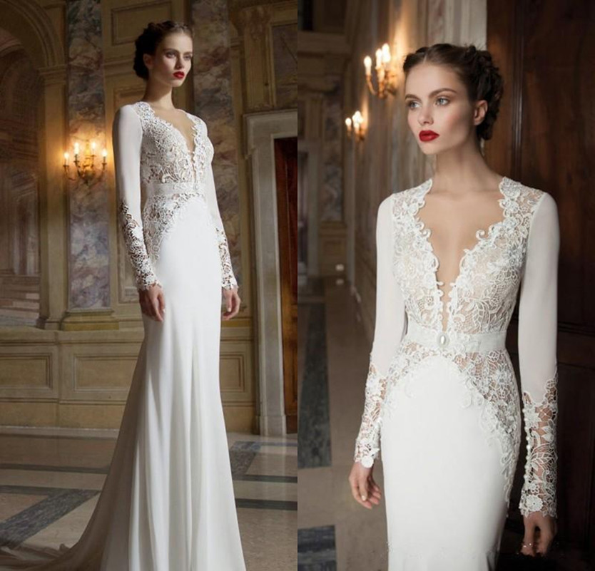 

New Berta V Neck Lace Wedding Dresses Long Sleeve Mermaid Sweep Train Backless Wedding Gowns Custom Made Cheap Bridal Dress, White