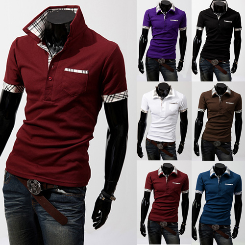 

2018 New Lattice Colorblock Men's Slim Fashion Short-Sleeve Short-Sleeve T Fashion Blanket, Purple