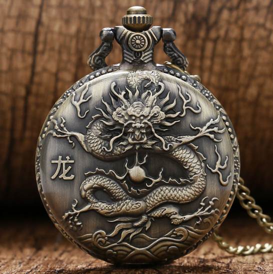 

3D Chinese Dragon Bronze Quartz Pocket Watch Necklace Pendant Clock Free Shipping, Other
