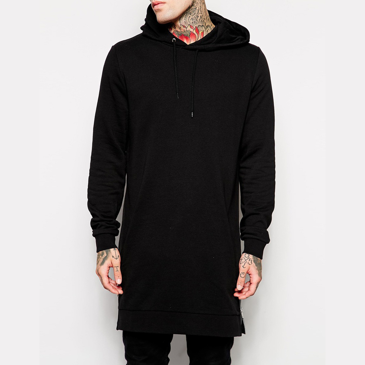 MENS Autumn Winter new Long Length Hoodies Fleece Tshirt Black Gray Zipper Pullover Curve Hem Long Sleeves Track Top