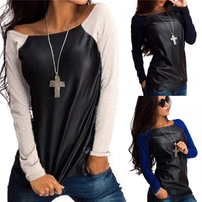 

Women's T-Shirt Women Fake PU Leather Tshirts Spring Autumn Patchwork O-neck Fashion Tops Slim Fit Tees, Black