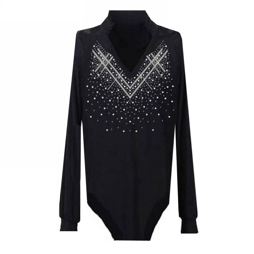 

Men Dance Bodysuit CHEAPEST Lyrical Dance Costumes CAD505 Male Dance Shirt Black White Yellow Red Colors Rhinestones Long Lace Sleeve