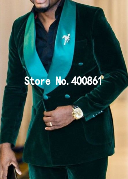 

Handsome Groom Tuxedos Double Breasted Dark Green Velvet Shawl Lapel Groomsmen Best Man Suit Mens Wedding Suits (Jacket+Pants+Tie) J685, Same as image