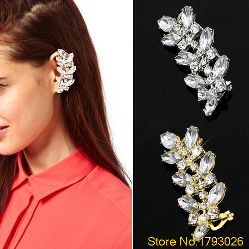 

Classic Design Punk Style Crystal Clip Earrings Rhinestone Leaves Ear Cuff 4TC3