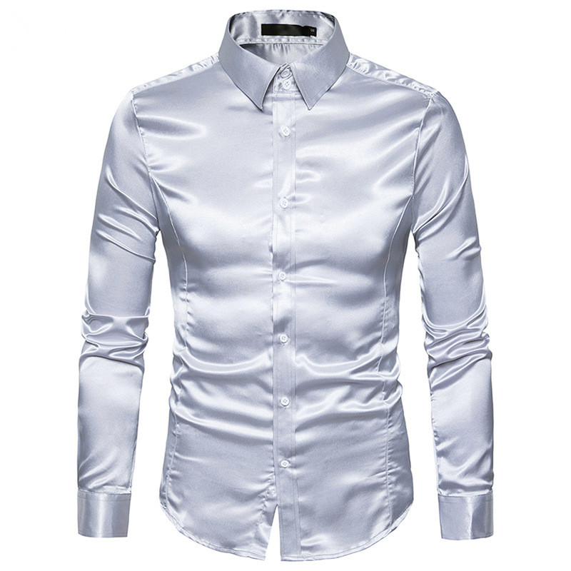 2019 Silk Satin Shirt Men 2017 White Men Shirt Long Sleeve Slim Fit ...
