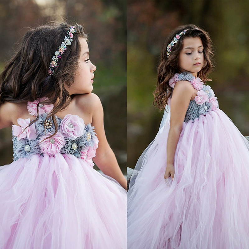 

Pink Flower One Shoulder Girls Wedding Dresses Appliques Strapless Tulle Floor Length Flower Appliques Girls Dresses For Weddings Ball Gown, Brown