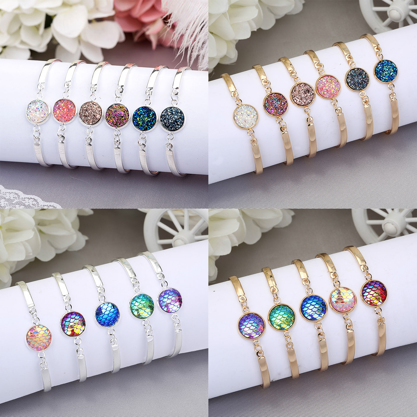 

Drusy Druzy Bracelet Silver Gold Plated Resin Fish Scale Geometry Lava Stone Bracelets For Women Lady Jewelry