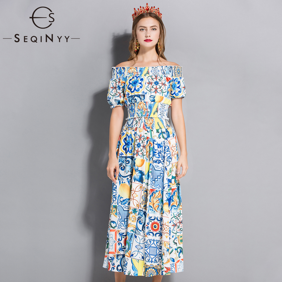 SEQINYY Fashion Set Summer 2018 Lantern Short Sleeve Elastic Slash Neck Short Top + Midi Skirt Blue Flowers Print Casual Suit