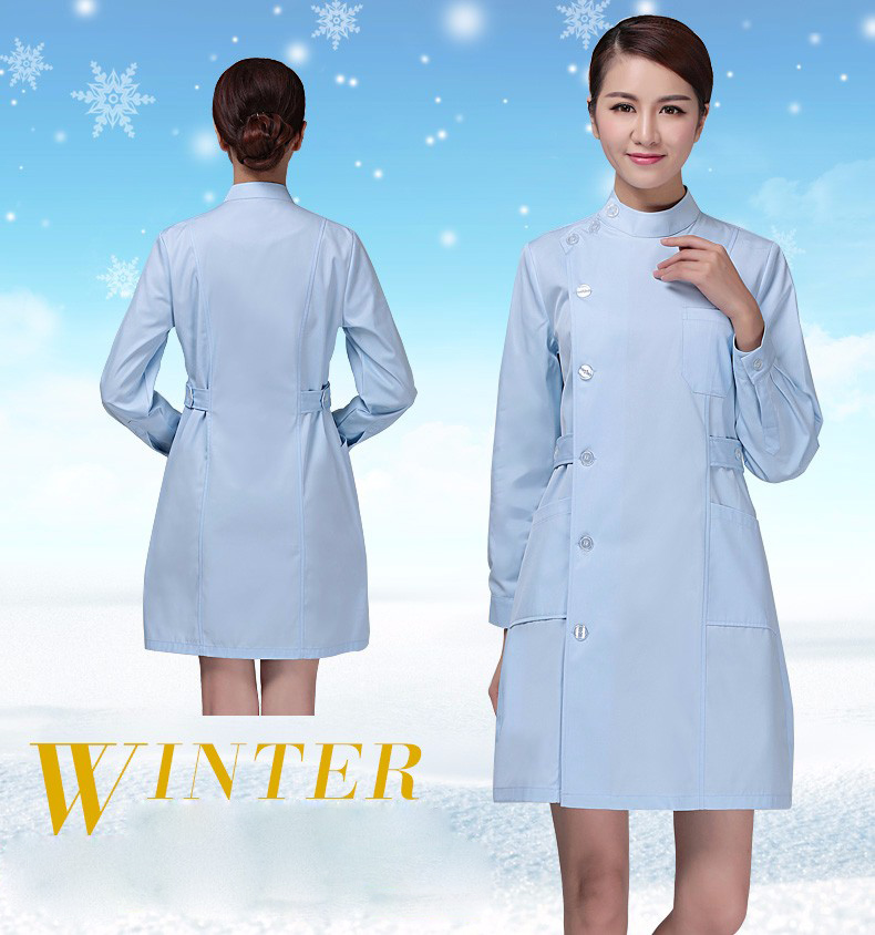 

Long-sleeve nurse garment winter stand collar thick female o-neck coat Physician Services lab coats white blue pink colorS