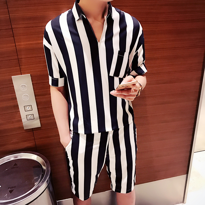 

Big Stripe Men Set Pullover Shirt And Shorts Conjunto Deportivo Para Hombre Mens Short Sets Causal Beach Party Club Men Clothing, Black