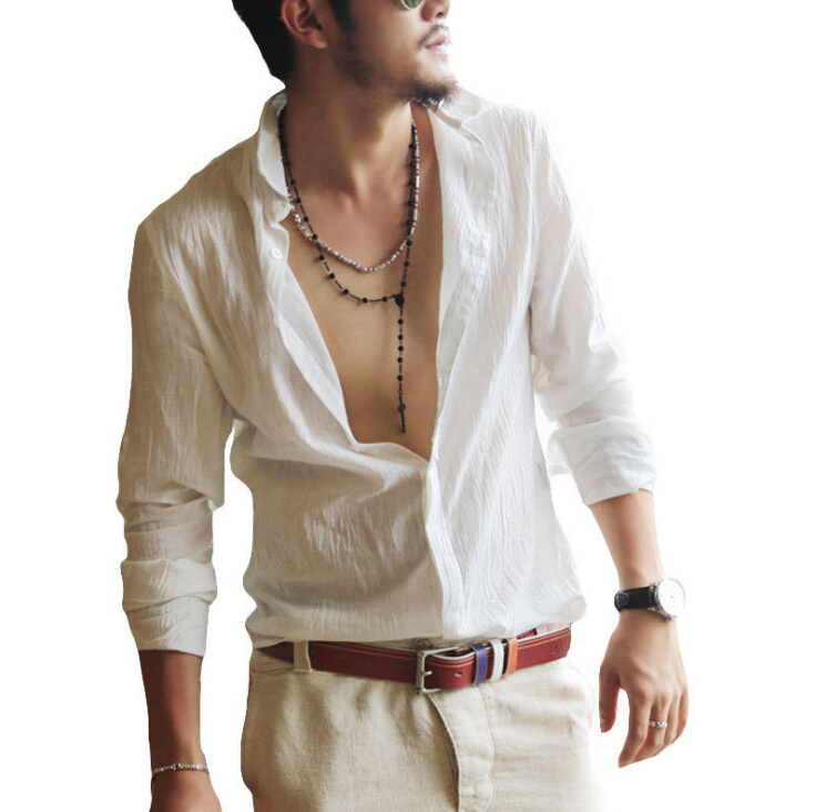 

Men Casual Shirts Spring Summer Linen Cotton Blend Leisure Street Beach Shirt Long Sleeved Tops, White