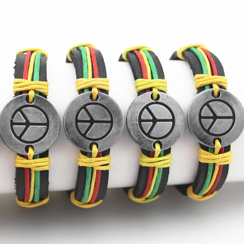 

Jewelry Wholesale Lots 12pcs Alloy Design Peace Sign pendant Leather Bracelets Colorful Surfing Hemp Bangle Gifts for boy men MB110, Black