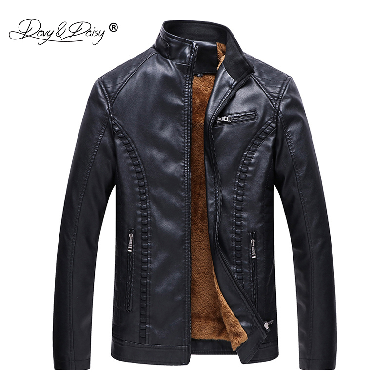 

DAVYDAISY 2018 New Arrival Autumn Winter PU Leather Men Jacket Warm Coat Men Outerwear Solid Clothing Plus size 6XL JK067, Black