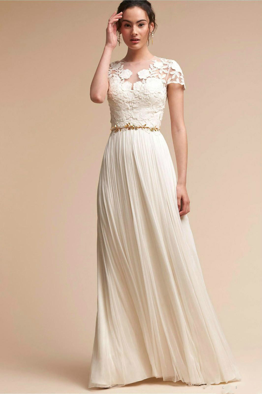 

Modest Lace Applique A Line Wedding Dresses Chiffon Pleat Back Hollow Bridal Gowns With Short Sleeves Bohemia Beach Wedding Dress, White