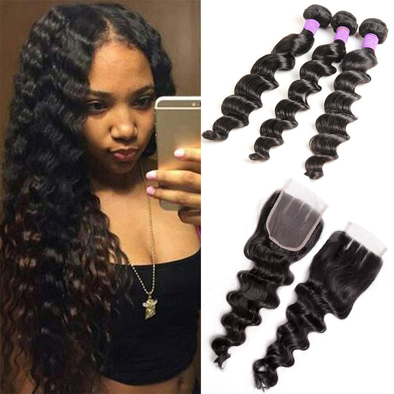 

Brazilian Loose Deep Virgin Hair With Lace Closure Cheap Human Hair Weave Bundles With Lace Closure Loose Deep Wave for Black Women, Natural color