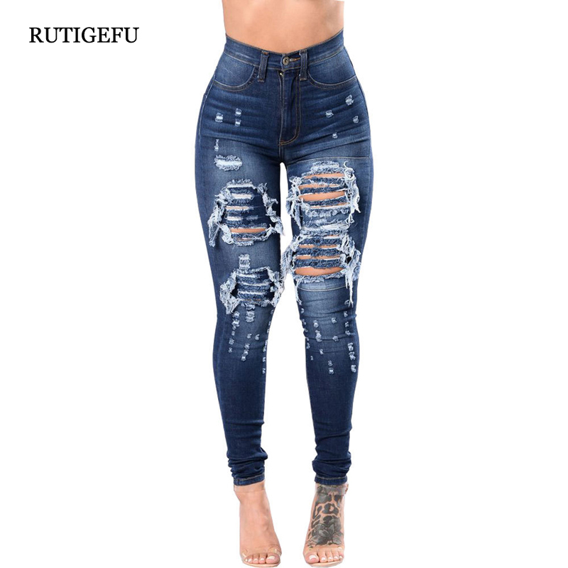 Hole pencil jeans high quality high waist jeans women's clothing 2018 autumn new hole fashion waist denim pants Plus size
