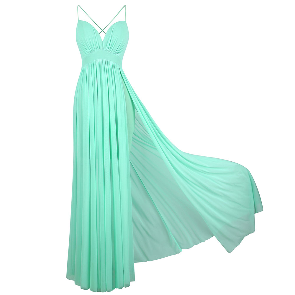 

Angel-fashions Party dress Women's Spaghetti Strap V Neck Ruched Drawing Evening Prom Gown Mint Green 406