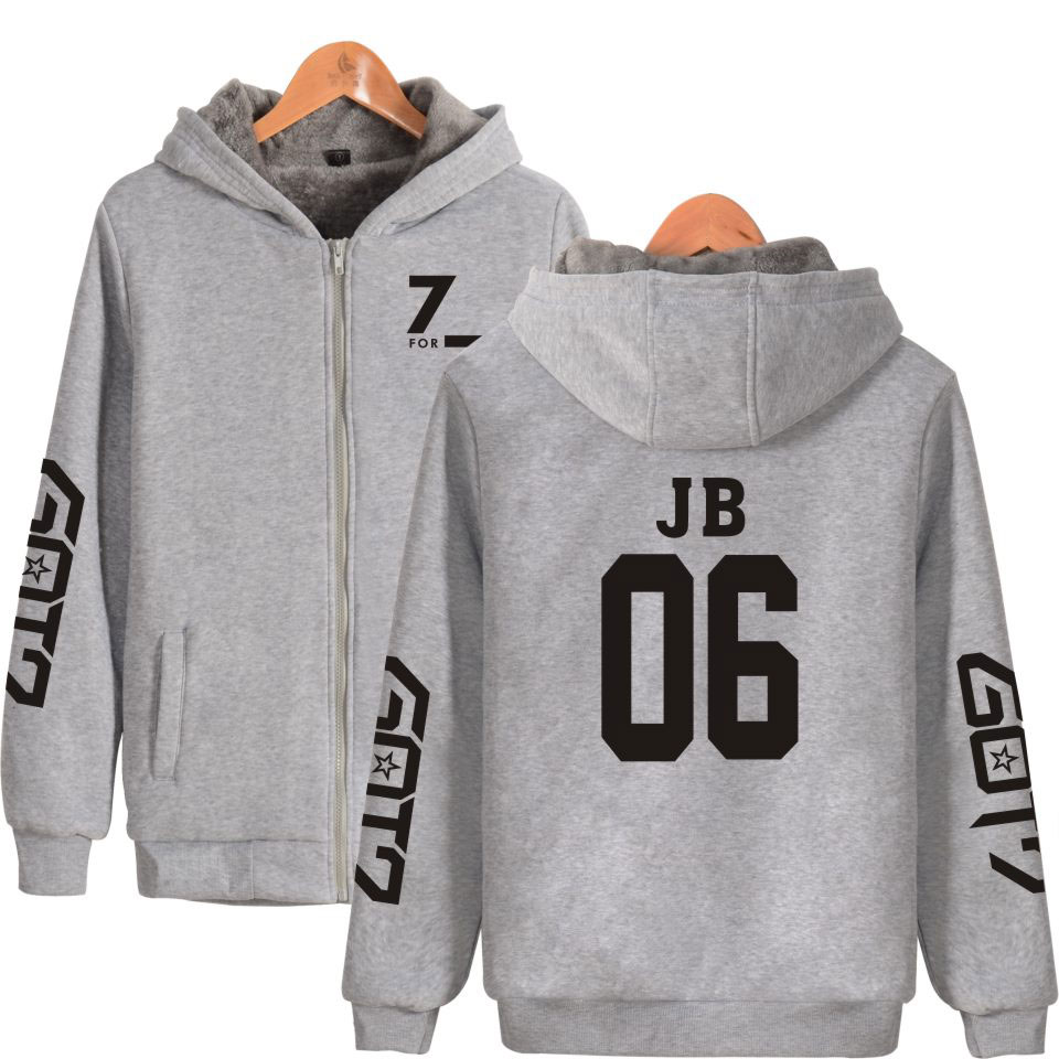 

Korean K- GOT7 Thicker Hoodies Zipper Women Fashion KPop Hip Hop Mens GOT7 Hoodies Sweatshirts Winter Warm Clothes, Gray