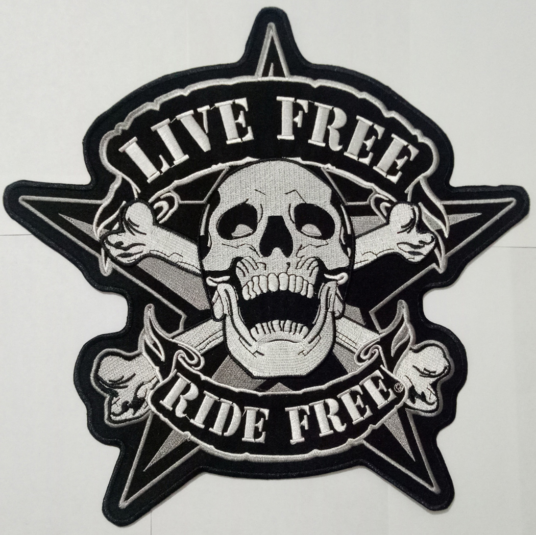 

Large Embroidery Skull LIVE FREE Patches Biker motorcycles badges for Jacket Vest Garment Clothing Sewing on RIDE FREE Patches appliques, Black