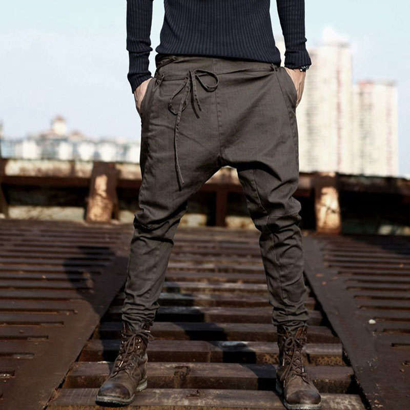 

High streetwear cross pants men fashion sagging cool drop crotch trousers men Joggers Feet pants hanging crotch, Black