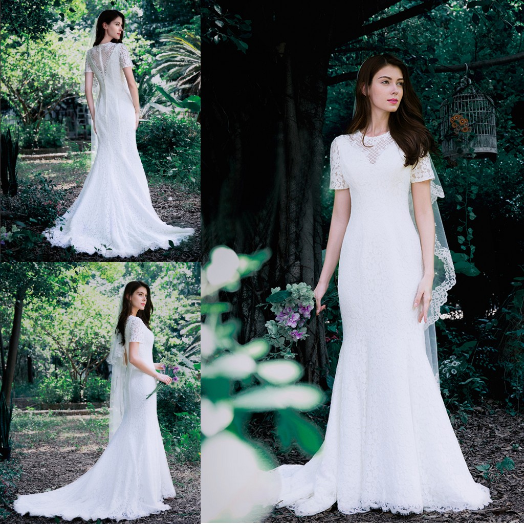 

2018 Newest Country Style Wedding Dress Full Lace Short Sleeve Sheer Jewel Neck Sweep Train Boho Bridal Gowns, White