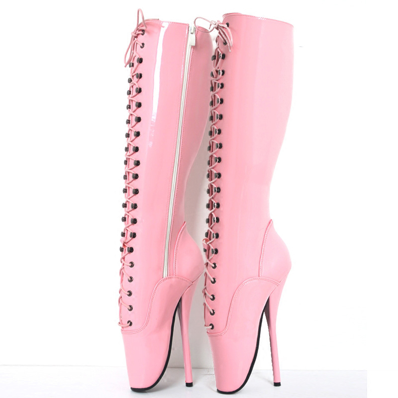 

18cm/" Women Spike High Heels Fetish Ballet Boots lace-up Pink Man Sexy BDSM Cosplay Shoes unisex Knee High Boots boot Plus size, Black